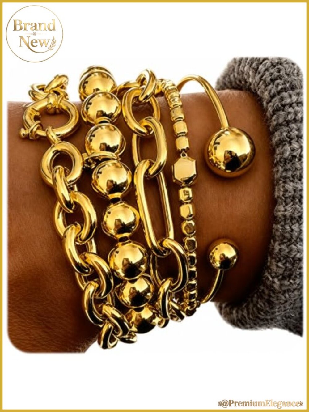 Gold Plated Stackable Chunky Bangle Set for Women, 5 PC Stretch Bracelets